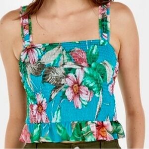 Express Tropical Floral Crop Top - Teal and Pink